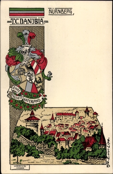 Studentika Künstler Ak E. von Lips, Nürnberg, TC Danubia, Wappen, Stadtansicht