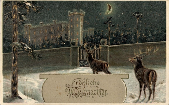 Präge Mondschein Litho Glückwunsch Weihnachten, Hirsche, Burg