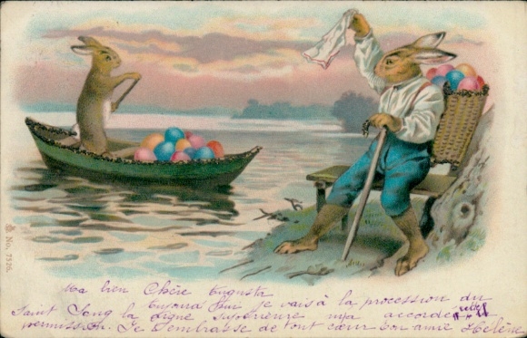Glitzer Litho  Frohe Ostern, Osterhasen, Boot, Ostereier