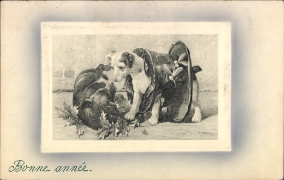 Ak Fröhliches Neujahr, zwei junge Hunde, kaputter Zylinder, Mistelzweig, Stechpalme