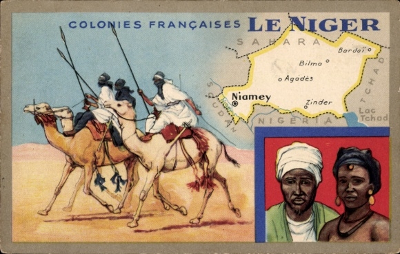 Ak Niamey Niger, Kamele, Reisende, Karte mit Map und Orten, Französische Kolonien