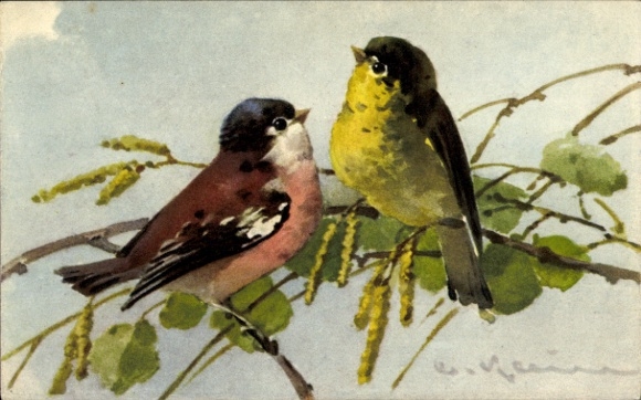 Künstler Ak Klein, Catharina, Zwei Vögel auf einem Birkenast