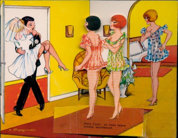 Mechanische Künstler Ak Mann trägt seine Braut über die Schwelle, wartende leicht bekleidete Frauen