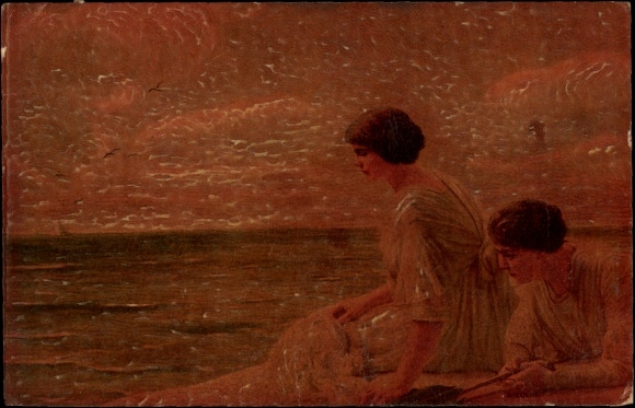 Künstler Ak Liebespaar am Ufer, Möwen