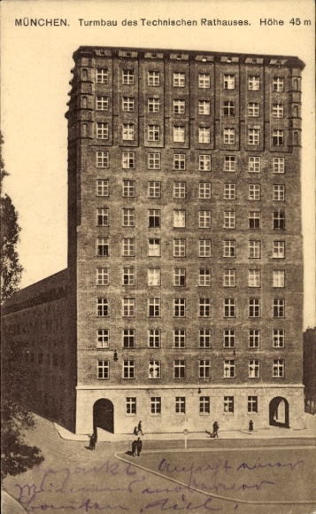 Ak München Bayern, Turmbau des Technischen Rathauses, Höhe 45 m