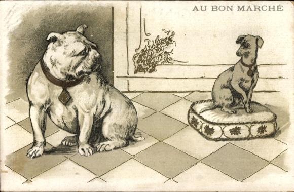 Litho Zwei Hunde, Bulldogge, Terrier auf einem Kissen