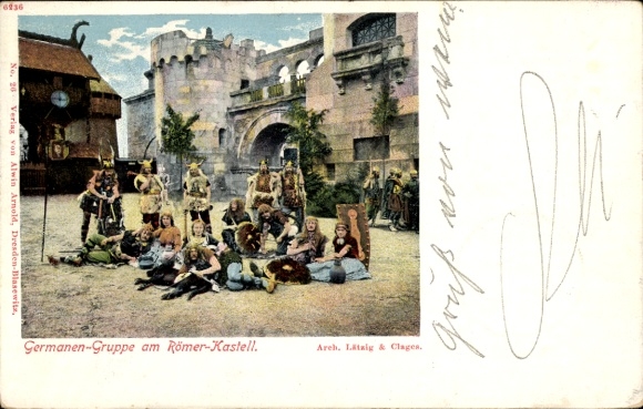 Ak Dresden, Germanengruppe am Römerkastell, Bauausstellung 1900