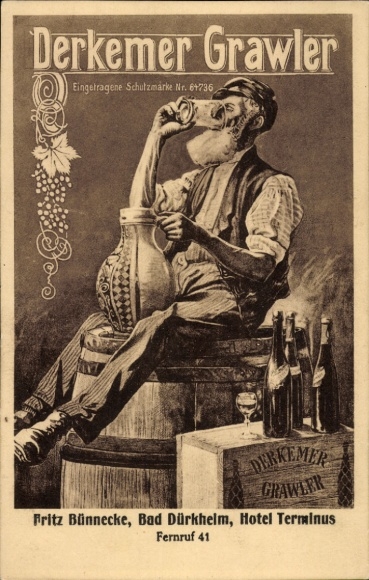 Künstler Ak Bad Dürkheim am Pfälzerwald, Hotel Terminus, Derkemer Grawler, Wein, Reklame