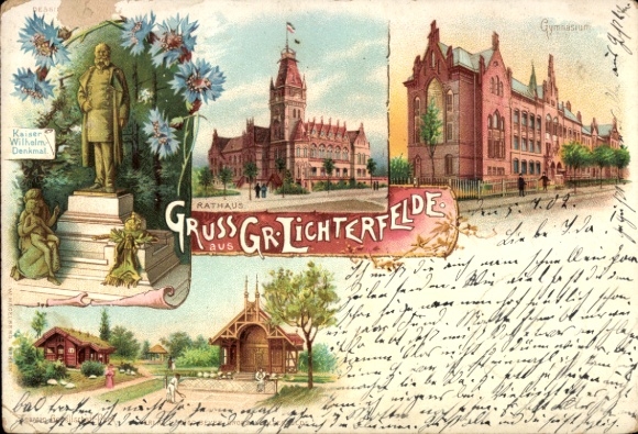 Litho Berlin Steglitz Gr.Lichterfelde, Kaiser Wilhelm Denkmal, Gymnasium, Rathaus, Gesellschaftspark