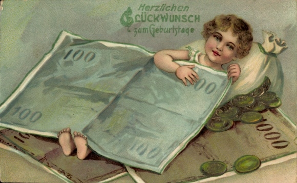 Litho Glückwunsch Geburtstag, Mädchen, Geldscheine, Münzen