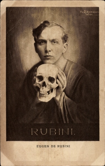 Künstler Ak Eugen de Rubini, Mann mit Schädel