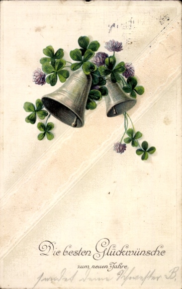 Präge Ak Glückwunsch Neujahr, Glocken, Glücksklee