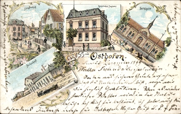Litho Osthofen am Rhein, Turnhalle, Postamt, Bahnhof, Gleisseite