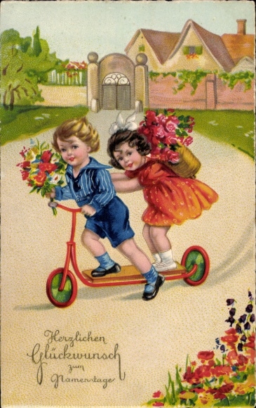 Litho Glückwunsch Namenstag, Kinder auf einem Roller