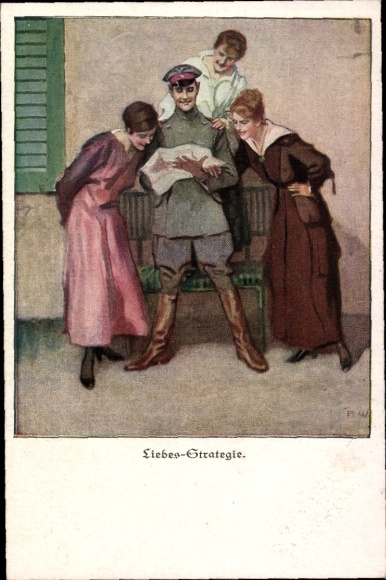 Künstler Ak Wennerberg, Bruno, Liebesstrategie, Soldat, Frauen