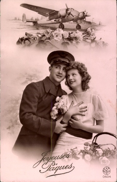 Ak Glückwunsch Ostern, Liebespaar, Flugzeug