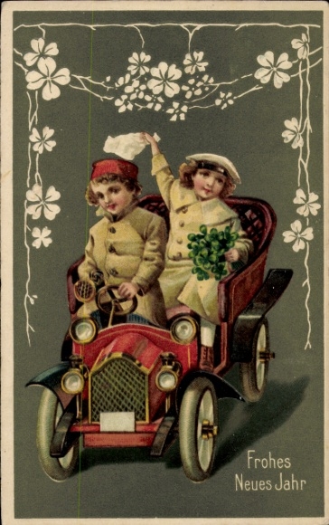 Präge Ak Glückwunsch Neujahr, Kinder, Automobil, Glücksklee
