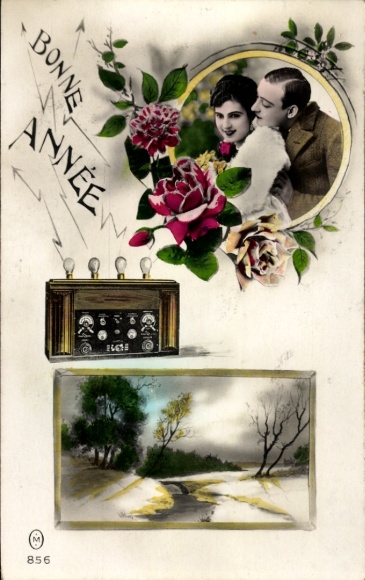 Ak Frohes Neujahr, Liebespaar, Wintermotiv, Radio