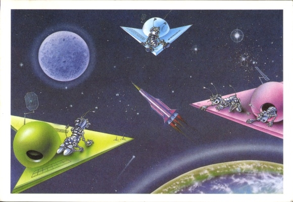 Künstler Ak Außerirdische im Weltall, Planeten, Rakete