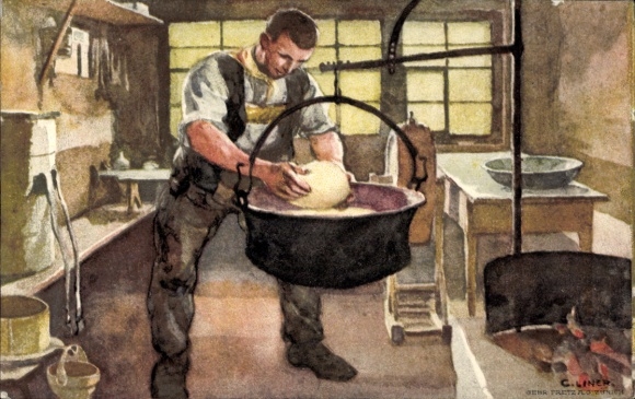 Ganzsachen Künstler Ak Bundesfeier 1920, Käser bei der Käseherstellung