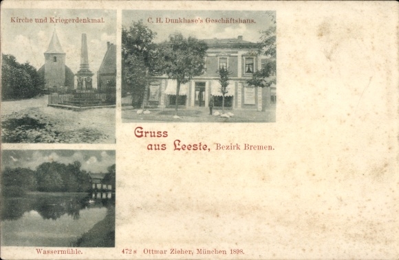 Ak Leeste Weyhe Niedersachsen, Kirche, Kriegerdenkmal, Wassermühle, Geschäft