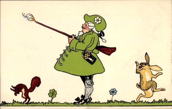 Ak Jäger, Fliehender Hase, Eichhörnchen