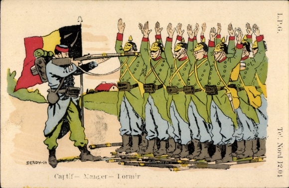 Künstler Ak Captif, Manger, Dormir, belgischer Soldat mit Gewehr, Kriegsgefangene