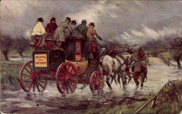 Künstler Ak Pferdekutsche mit vielen Passagieren besetzt, Bristol - London