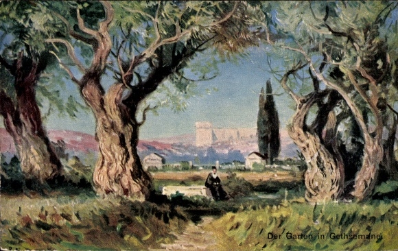 Künstler Ak Jerusalem Israel, Partie im Garten der Gethsemane