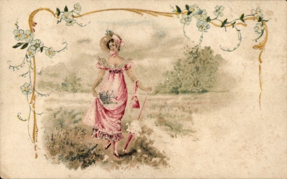 Jugendstil Passepartout Ak Frau im roten Kleid