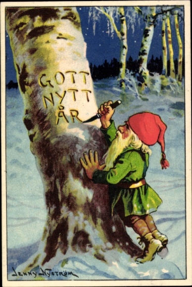 Künstler Ak Nyström, Jenny, Fröhliches Neujahr, Zwerg ritzt Schriftzug in Birkenstamm