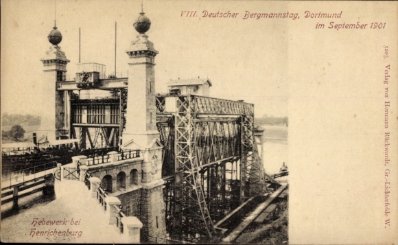 Ak Oberwiese Waltrop Ruhrgebiet, Schiffshebewerk Henrichenburg, VIII. Deutscher Bergmannstag 1901