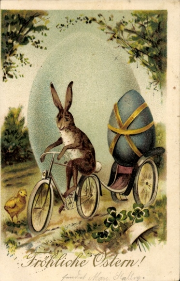 Ak Glückwunsch Ostern, Osterhase auf einem Fahrrad, Ostereier, Küken, Kleeblätter