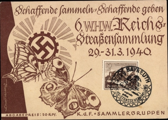 Künstler Ak Axster Heudtlaß, 6 WHW Reichsstraßensammlung 1940, KdF Sammlergruppen, Schmetterling