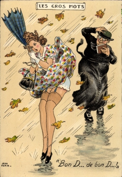 Ak Stürmisches Wetter, Kleid einer Frau fliegt hoch, Geistlicher