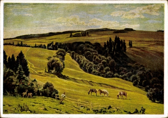 Künstler Ak Traub, Gustav, Abendschatten, Landschaft mit Pferden, HDK 227