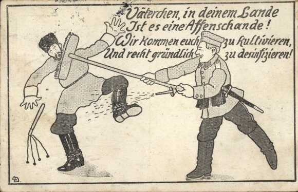 Künstler Ak Wir kommen euch zu kultivieren, und zu desinfizieren, deutscher Soldat mit Besen, Russe
