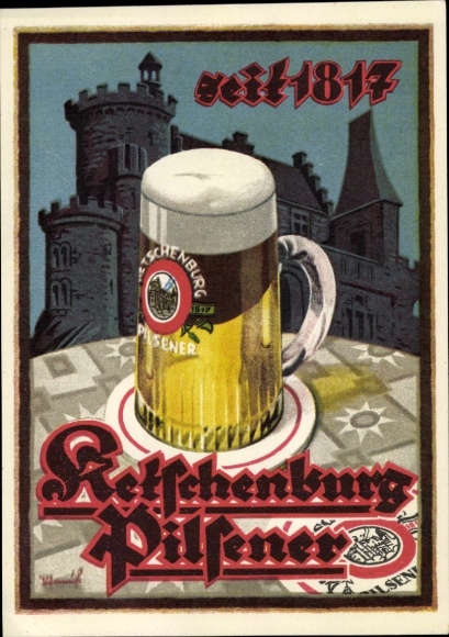Künstler Ak Reklame, Ketschenburg Pilsener, Brauerei, Bierglas