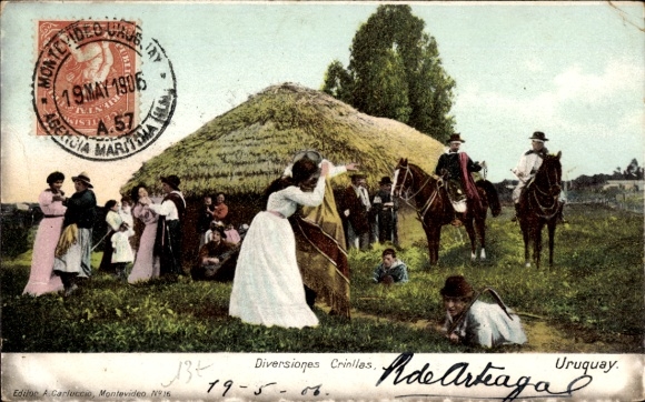 Ak Uruguay, Diversiones Criollas, Dorfbewohner beim Tanz