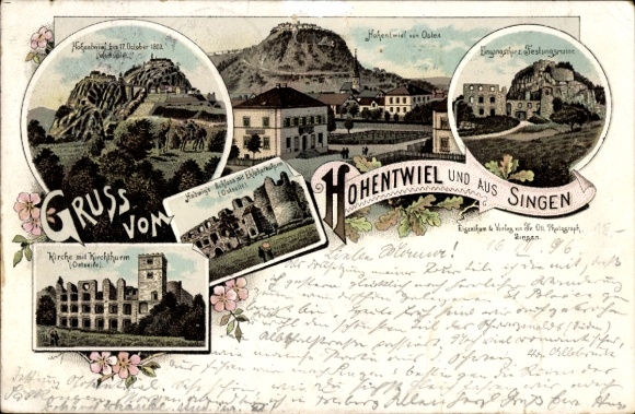 Litho Singen Hohentwiel, Festungsruine, Hadwig's Schloss, Kirche, Kirchturm, Eingangstor