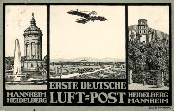 Künstler Ak Morano, Erste deutsche Luftpost, Mannheim-Heidelberg, Heidelberg-Mannheim