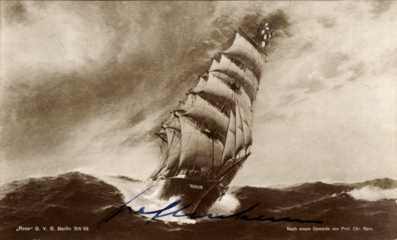 Künstler Ak Rave, Chr., Segelschiff auf See, Autogramm Graf Luckner
