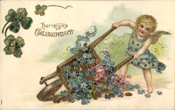 Ak Glückwunsch, Engel, Schubkarre, Vergissmeinnicht, Glücksklee