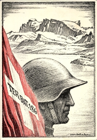 Künstler Ak Schweizer Armee, Grenzbesetzung 1939, Gruß aus dem Felde, Ter. Bat. 186