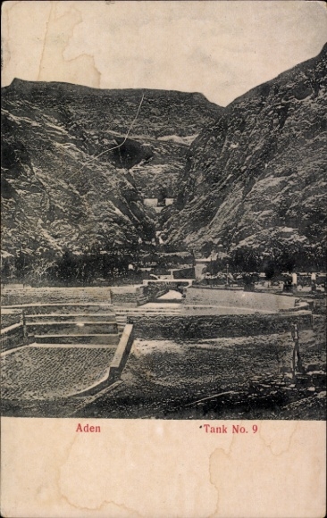 Ak Aden Jemen, Schwarz-Weiß-Foto, Gebirgige Landschaft, Tank No. 9, Aden