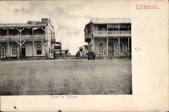 Ak Djibouti Dschibuti, Schwarze und weiße Fotografie, Straße, Gebäude, Rue de Rome, Djibouti