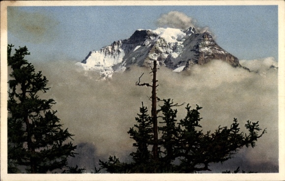 Ak Mürren Kanton Bern Schweiz, Berglandschaft, Jungfrau, Wolken, Bäume