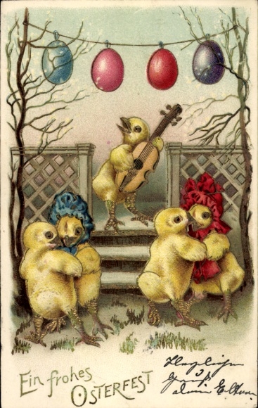 Glitzer Ak Glückwunsch Ostern, tanzende Küken