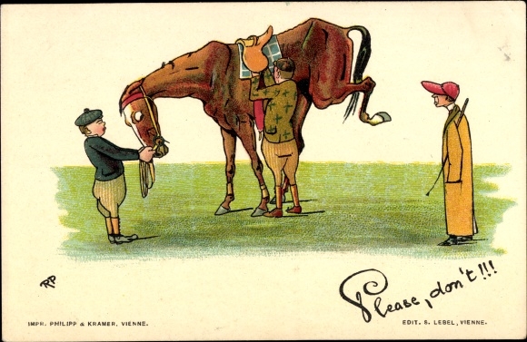 Künstler Litho Please don't, Jockey versucht auf Pferd zu steigen, Philipp und Kramer