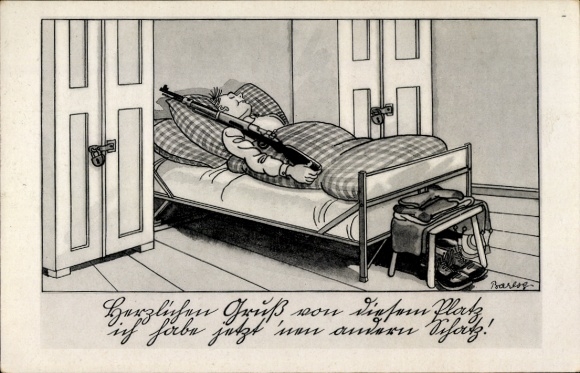 Künstler Ak Barlog, Deutsche Wehrmacht, Schlafender Soldat mit Gewehr, II. WK